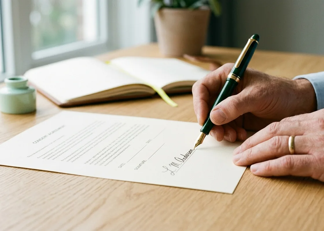 Signing a client agreement at a law firm