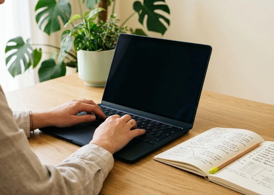 Hands at a keyboard beside a notebook of handwritten notes