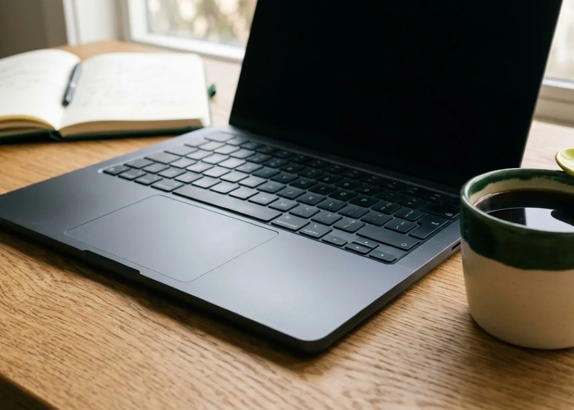 A laptop and a cup of coffee on a desk in morning light