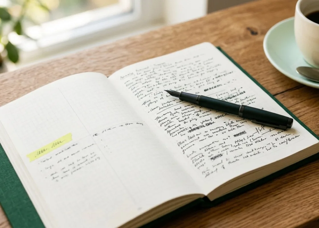 An open desk diary with a pen resting across the page