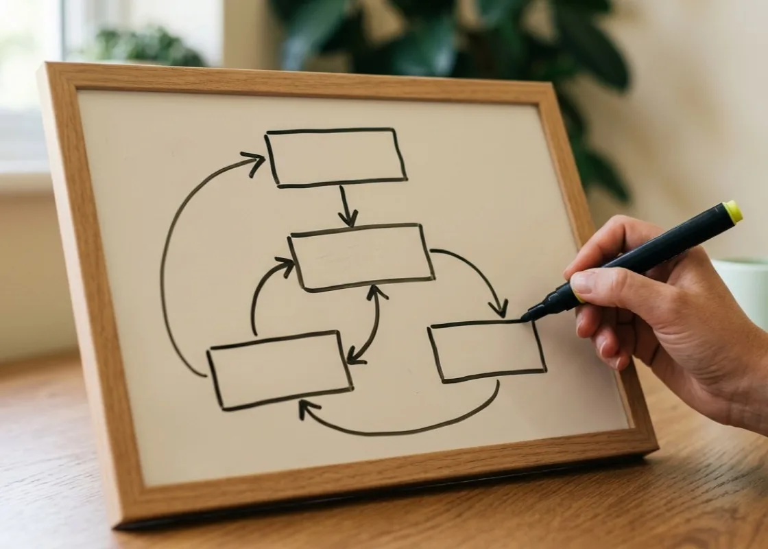 A hand drawing a diagram of boxes and arrows on a whiteboard