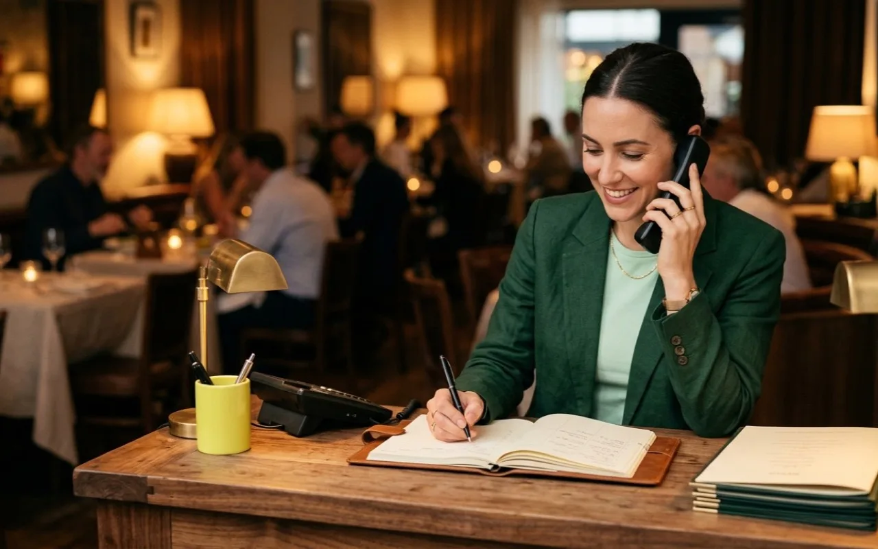 A restaurant host taking a table booking by phone