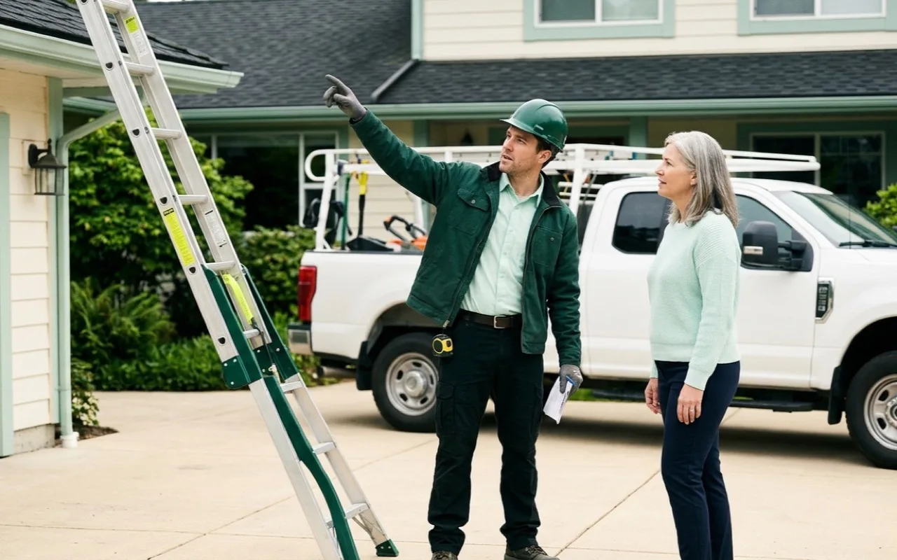 A roofer on a driveway talking a homeowner through the roofline