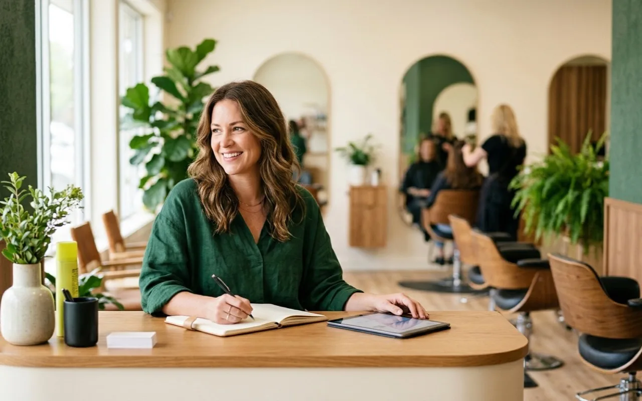 A salon owner taking a booking at the reception desk
